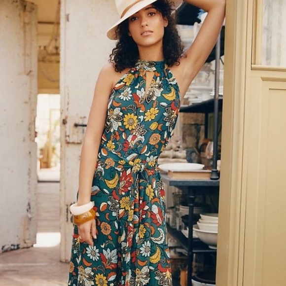 Anthropologie Geneva Halter Wide Leg Floral Jumpsuit Green Size XS - Picture 14 of 14